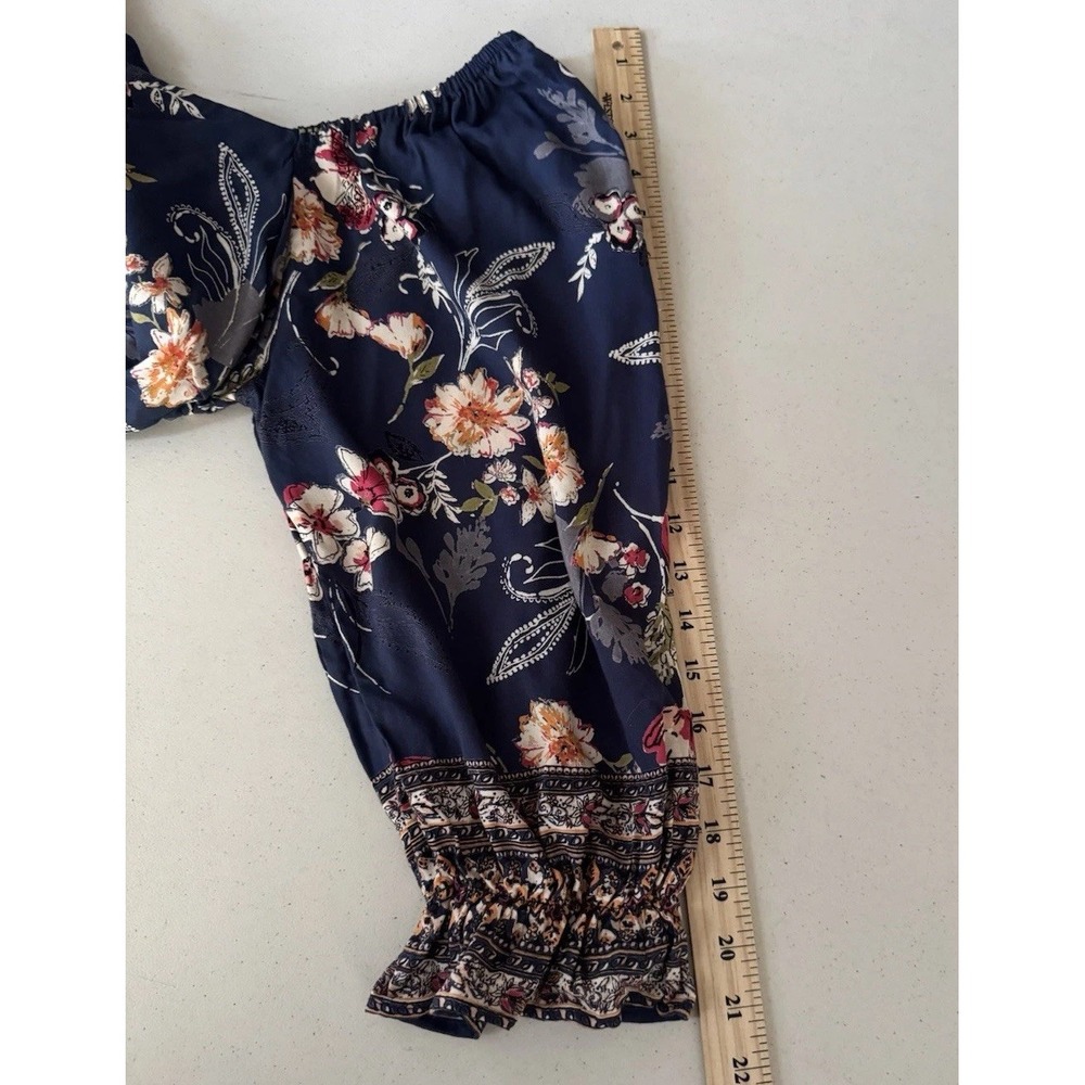 Boho Floral Babydoll Mini Dress L Navy Cottagecore Spring Festival Fairy - Picture 6 of 16